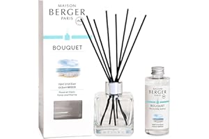 MAISON BERGER - Reed Diffuser Clear Glass Scented Bouquet - 8 Black Reed Sticks (8.3 inches) - Includes 100 Milliliters (3.4 Fluid Ounces) Fragrance Refill (Ocean Breeze)