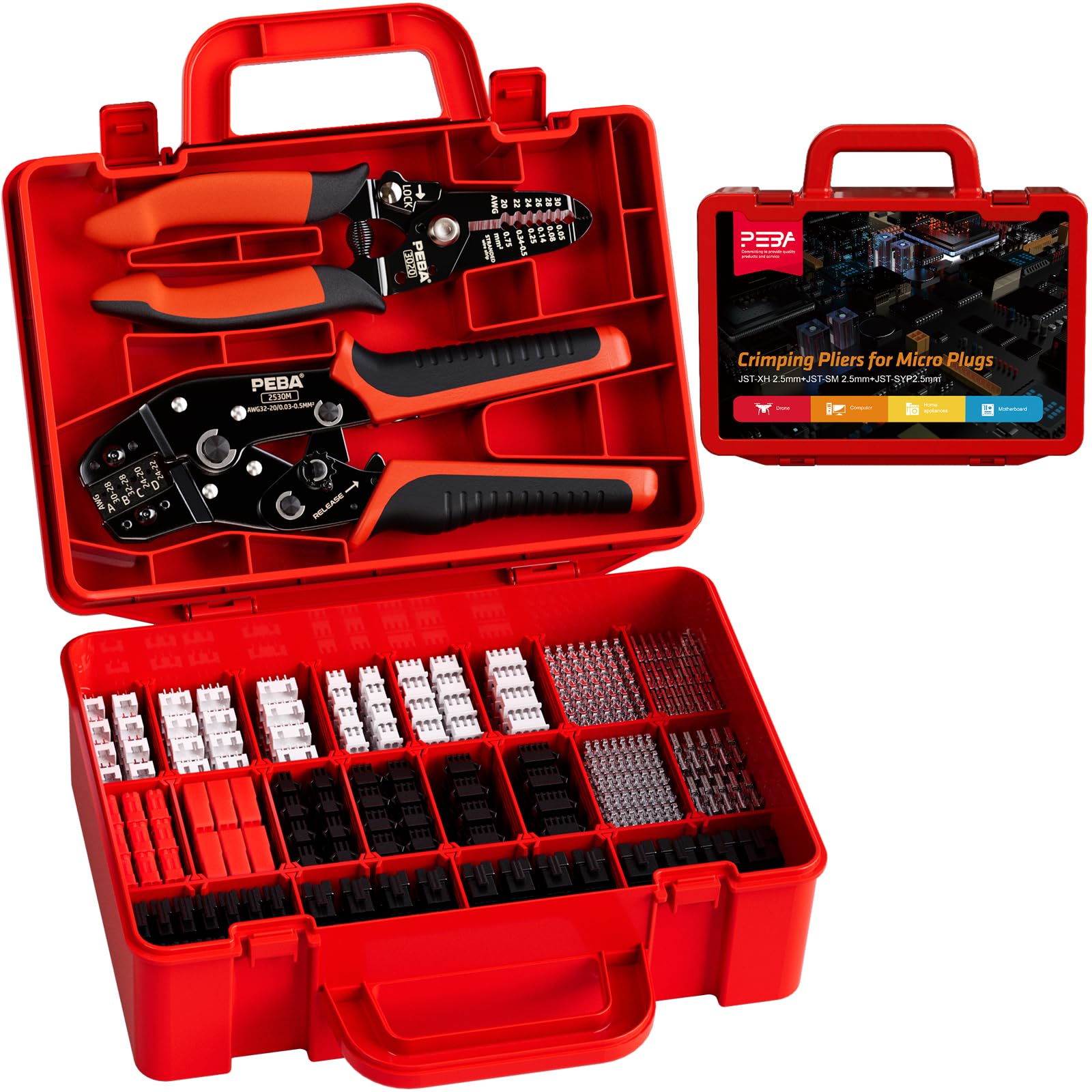 PEBA Crimping Tool and JST Connector Kit - 20 Types of 2.5 mm JST-XH Connectors & Crimp Pins, 2.5 mm JST-SM & JST-SYP Contacts and Housings, for DIY Electronics - Suitable for 0.03-0.5 mm² Wires — image 1