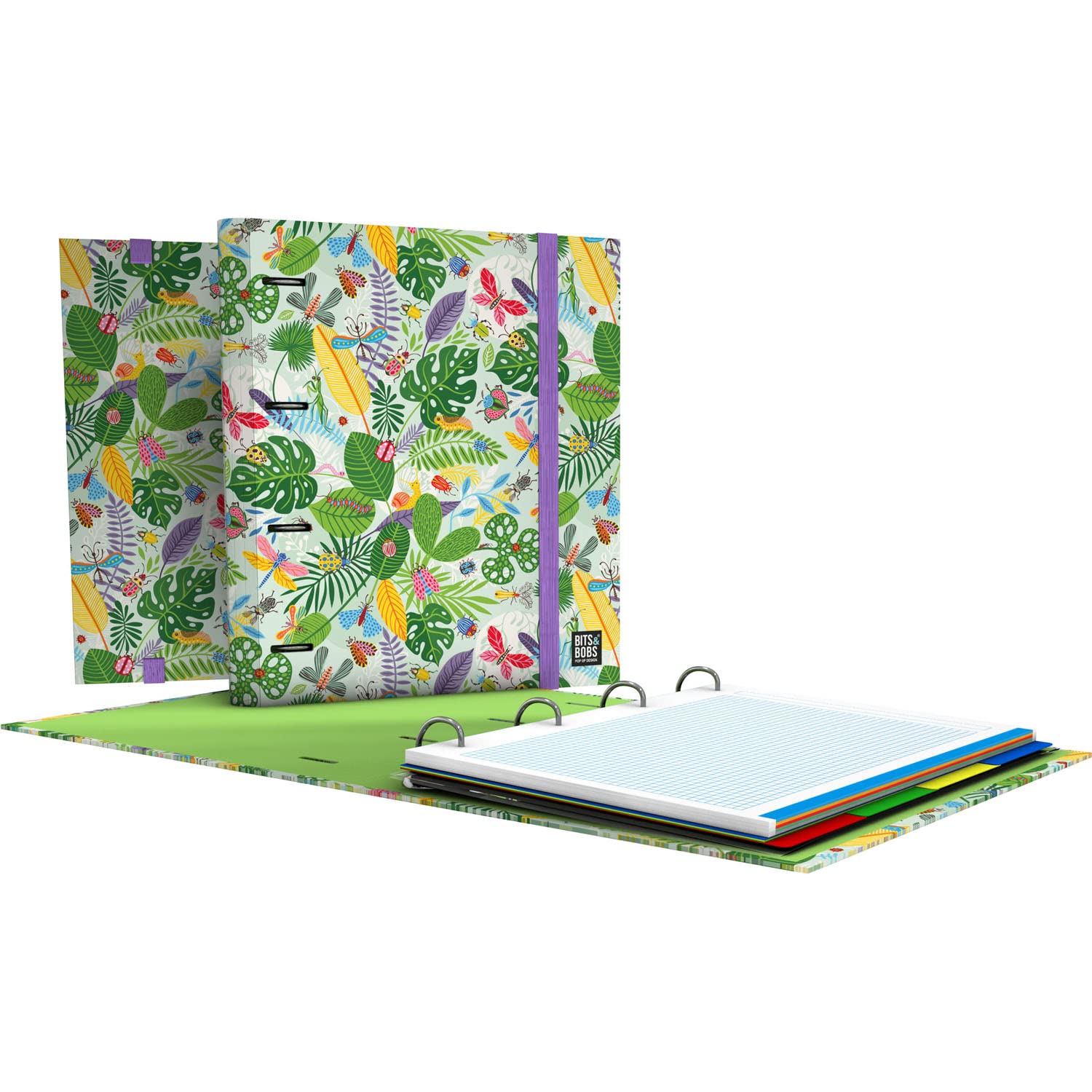 Grafoplás | 4 Ring Binder with Refill | A4 | Includes 100 Grid 5x5 Sheets | Dividers | Clear Envelope | Bits & Bobs Pop Up Design | Bugs | Carpebook | FSC