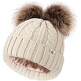 Creekstone Kids Beanie Satin Lined Winter Beanie Hat for Baby Boy Girl Warm Todders Beanie with Double Pom Pom Ears 1-7 Years