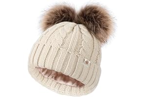 Creekstone Kids Beanie Satin Lined Winter Beanie Hat for Baby Boy Girl Warm Todders Beanie with Double Pom Pom Ears 1-7 Years