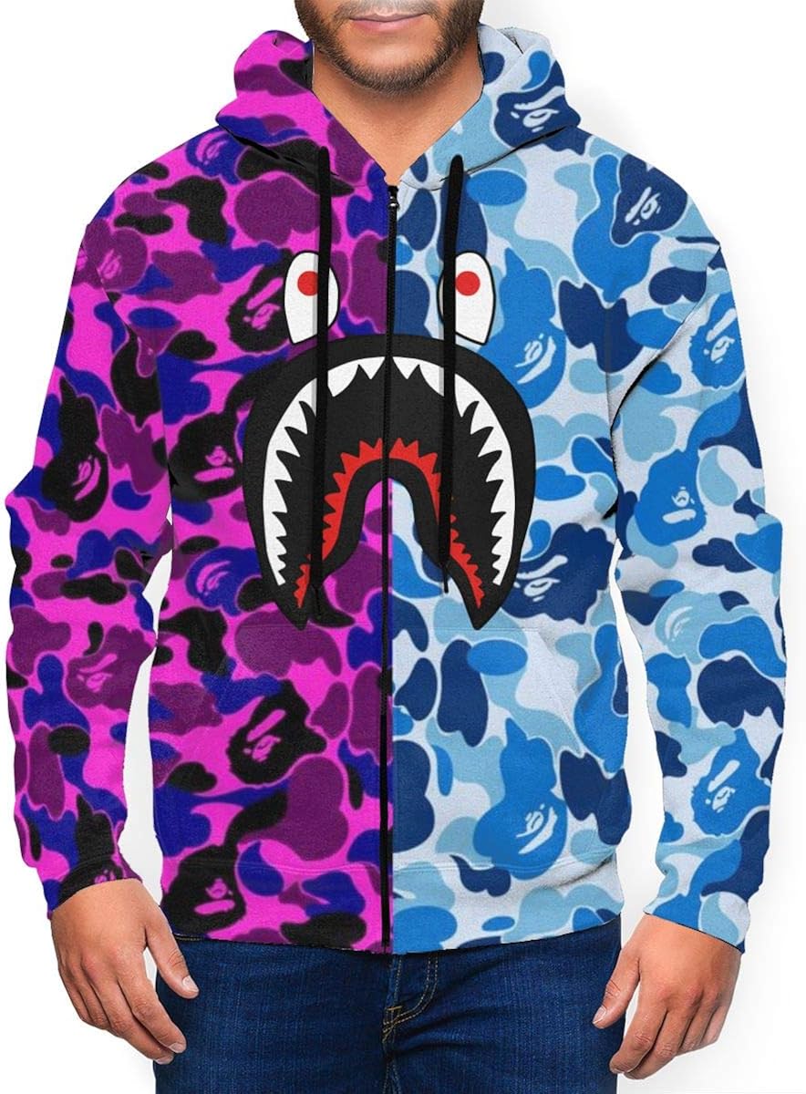 Blood Shark Men's 3D Print Zip Up Hoodie Casual Pullover Hooded Sweashirt Jacket Pockets