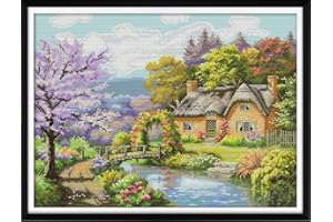 Joy Sunday Cross Stitch Kits Stamped Full Range of Embroidery Starter Kits for Beginners DIY 11CT 3 Strands-The Riverside Lodge (Printed) 23.22×17.71 inch