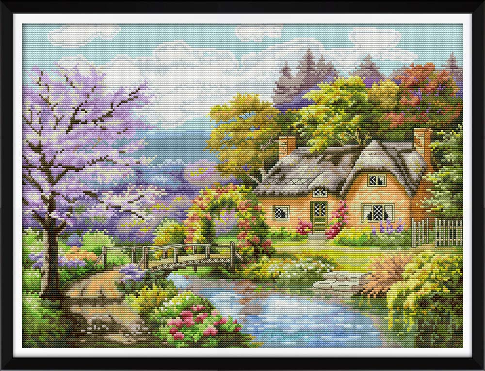 Stitchmelody 14CT Counted Cross Stitch Kits,Unprinted Pattern Embroidery Set,DMC Threads-The Riverside Lodge 46cm×35cm