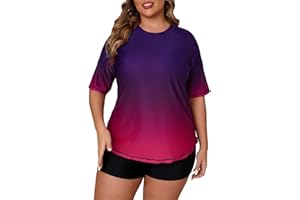 JOYBIK Women's Plus Size Two Piece Short Sleeve Rash Guard Sets with Built in Bra UPF50+ Swim Shirt Top and Shorts