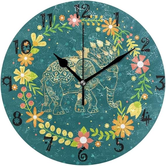 Wjchao Reloj De Pared Elefante De Arte Reloj De Pared Redondo Placa