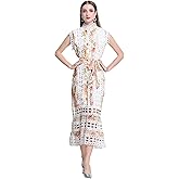 Women Lace Hollow Out Dress Party Midi Casual Sleeveless Button High Neck Dresses with Belt