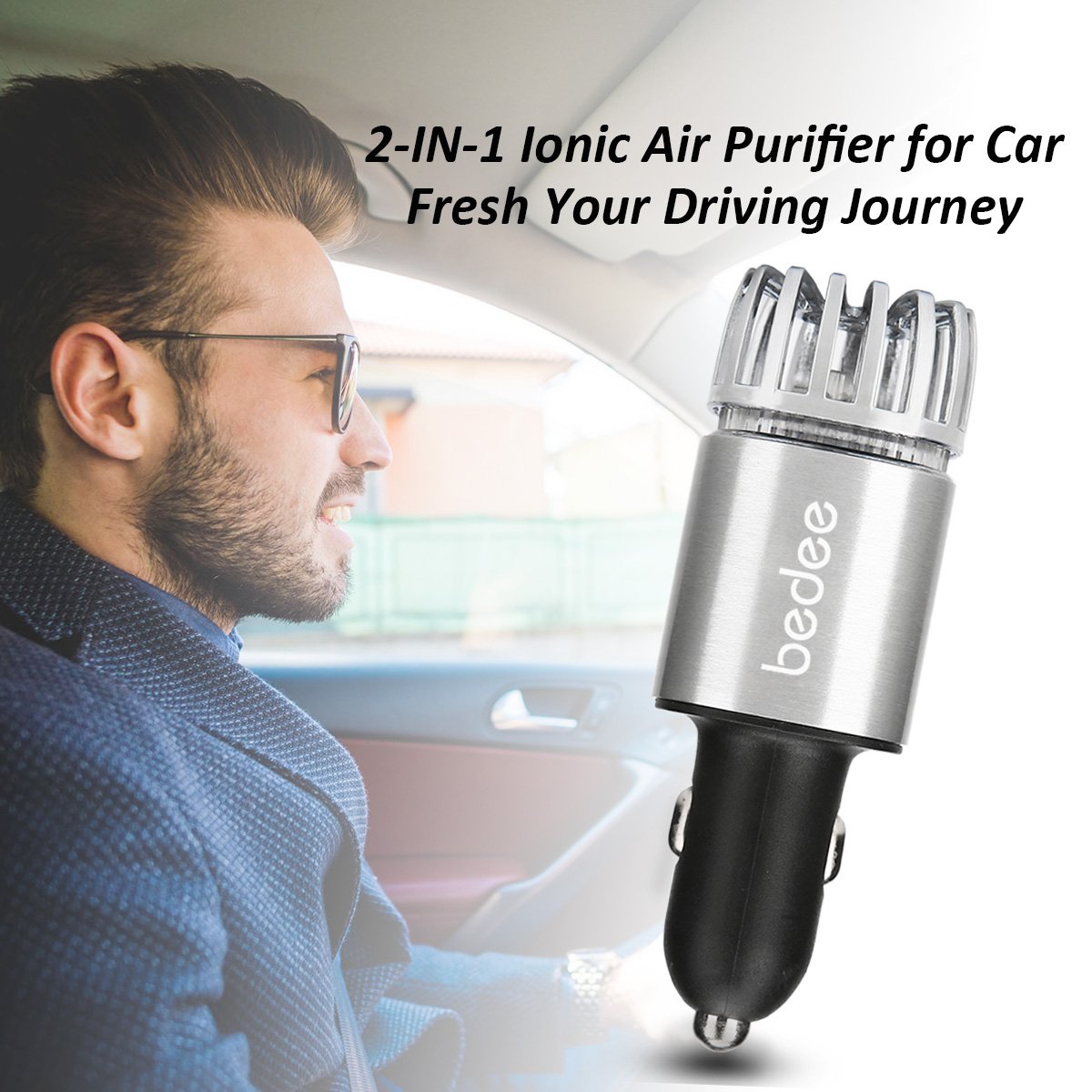 Car Air Purifier Air Freshener 2-in-1 Ionic Air Purifier Ionizer Deodorizer with Dual USB Cellphone Charger Remove Dust, Pollen, Smoke, Mold,Food & Pet Smell, Bacteria,Odors, Portable Travel Charger