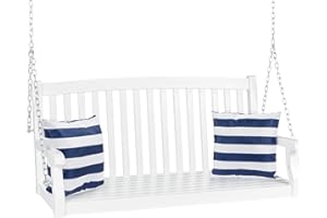 Best Choice Products 48in Wood Porch Swing Outdoor Patio Hanging Bench Chair Furniture for Deck, Garden, Yard w/Mounting Chains, Curved Back Design, 500lb Weight Capacity - White