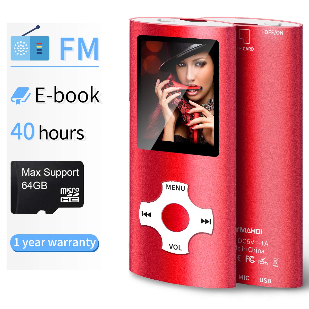 Mymahdi MP3/MP4 Portable Player,1.8 Inch LCD Screen and Micro SDHC Card Slot,Max Support 64GB Micro SD TF Card,Red