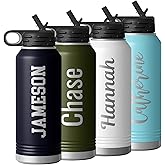 Personalized Laser Engraved 32 oz Water Bottle with Name, Stainless Steel Double Wall Vacuum Insulated with Lid and Straw Custom Water Bottle