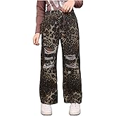 Floerns Girl's Elastic High Waisted Ripped Baggy Jeans Wide Leg Distressed Denim Pants