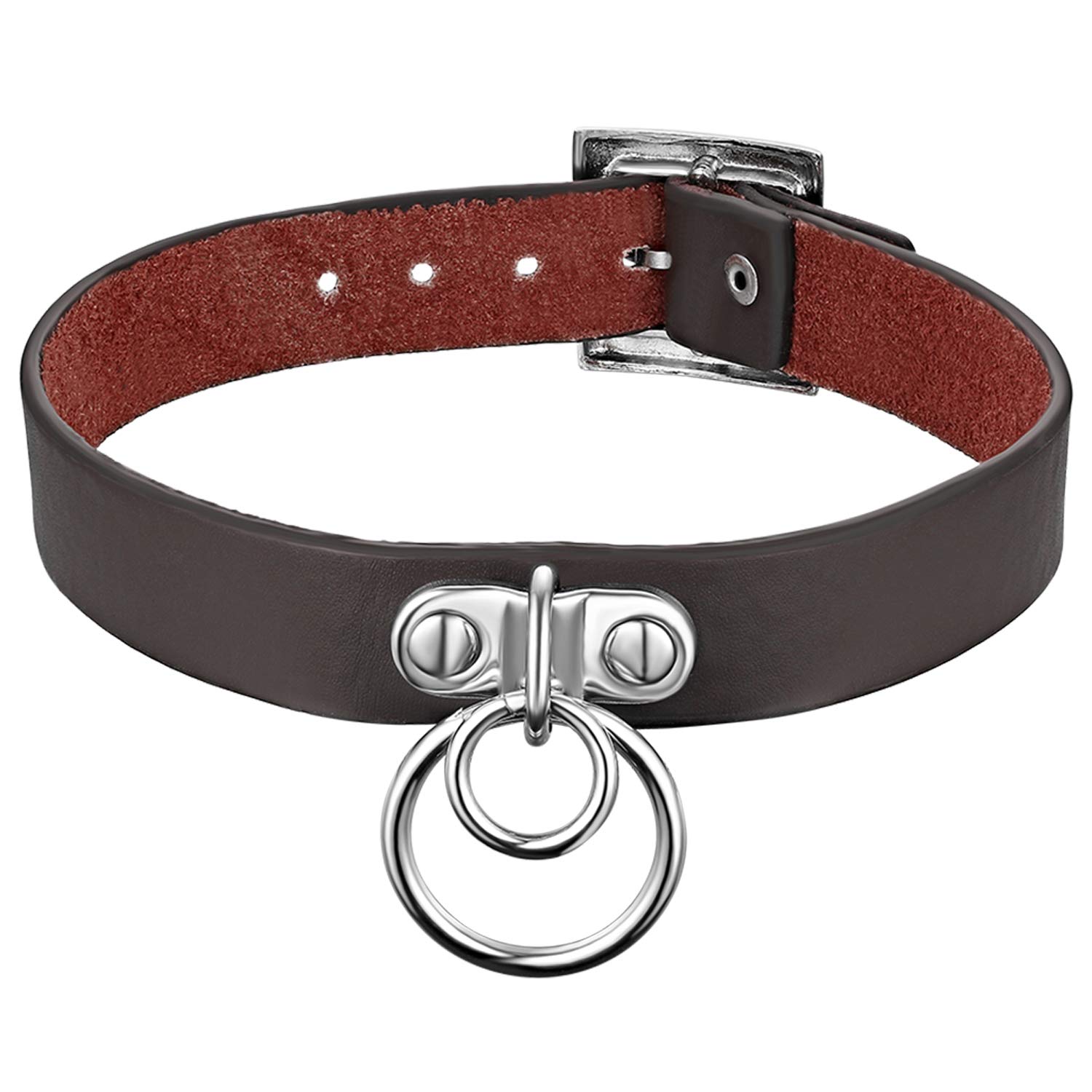 Flongo Women Punk Rock Gothic Harajuku Silver Double Dual O-Rings Vintage Buckled Adjustable Brown Leather Necklace Neckband Collar Choker for Christmas Halloween Valentine's Day