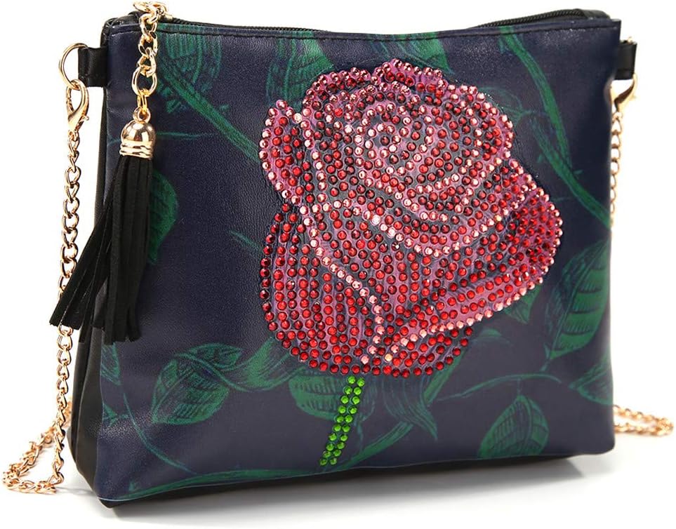 VETPW DIY 5D Rose Flower Diamond Art Painting Crossbody Handbag with Chain, Diamond Art Leather Coin Purse Pouch Wallet