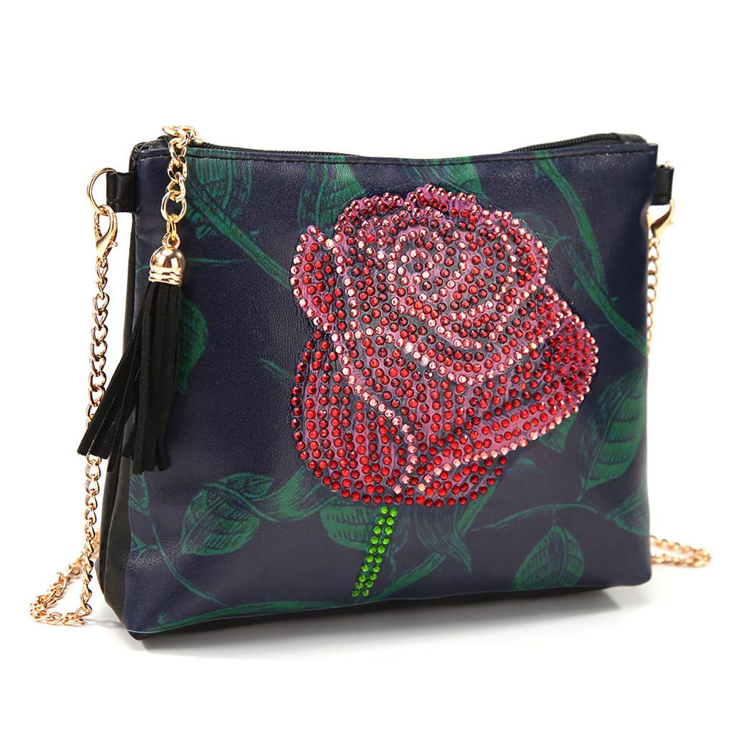 VETPW DIY 5D Rose Flower Diamond Art Painting Crossbody Handbag with Chain, Diamond Art Leather Coin Purse Pouch Wallet, Diamond DIY Painting Makeup Shoulder Bag for Party Travel Vacation