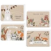 Woodland Animal Thank You Cards / 24 Baby Shower Cards With White Envelopes / 3 1/2" x 4 7/8" Forest Adventure Animals Folded Greeting Cards / 4 Illustrated Nature Designs / Made In The USA