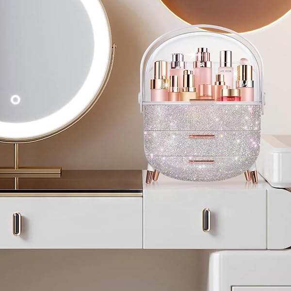 MASSY EGG SHAPE(OVAL) MAKEUP STORAGE BOX, COUNTERTOP PORTABLE VANITY COSMETICS ORGANIZER PREPPY STYLE (RHINESTONE WHITE)