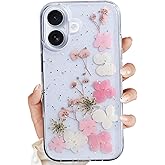 YUCHii for iPhone 16 Clear Case,Aesthetic Floral Phone Case with Pressed Real Flowers Design,Glitter Cute Floral Pattern Women's Phone Case Slim Soft TPU Protective Girl's Phone Cover for iPhone 16