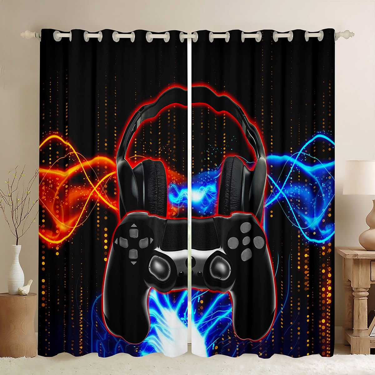 Video Game Gamepad Window Curtains for Bedroom Living Room Boys Teens Gamer Headset Curtains Black Gaming Controller Window Drapes Game Geometric Design Window Treatments,W46*L54