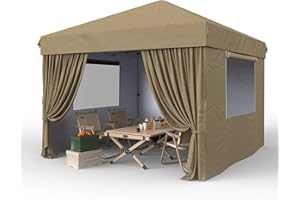 VERISSHADE 10x10 Pop Up Canopy with 4 Sidewalls - Outdoor Canopy Tent with Portable Roller Bag - One Button Push Setup, 3 Adjustable Height, 4 Weight Bags, 8 Stakes & 4 Guy Ropes Included, Khaki