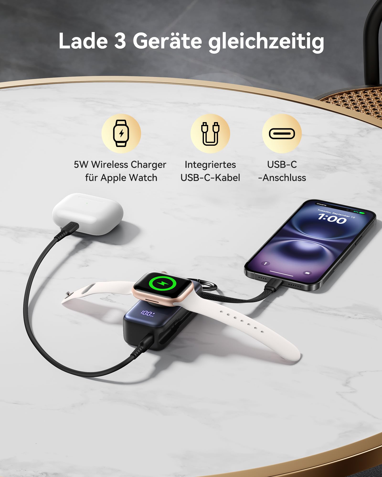 INIU Power Bank, 5000 mAh 20 W PD Mini Power Bank with Integrated USB-C Cable, Accessories for Apple Watch, Power Bank Travel Accessories for Apple Watch Ultra 11 10 9 8 7 6 SE, iPhone 17 16 15, Samsung S25 S24