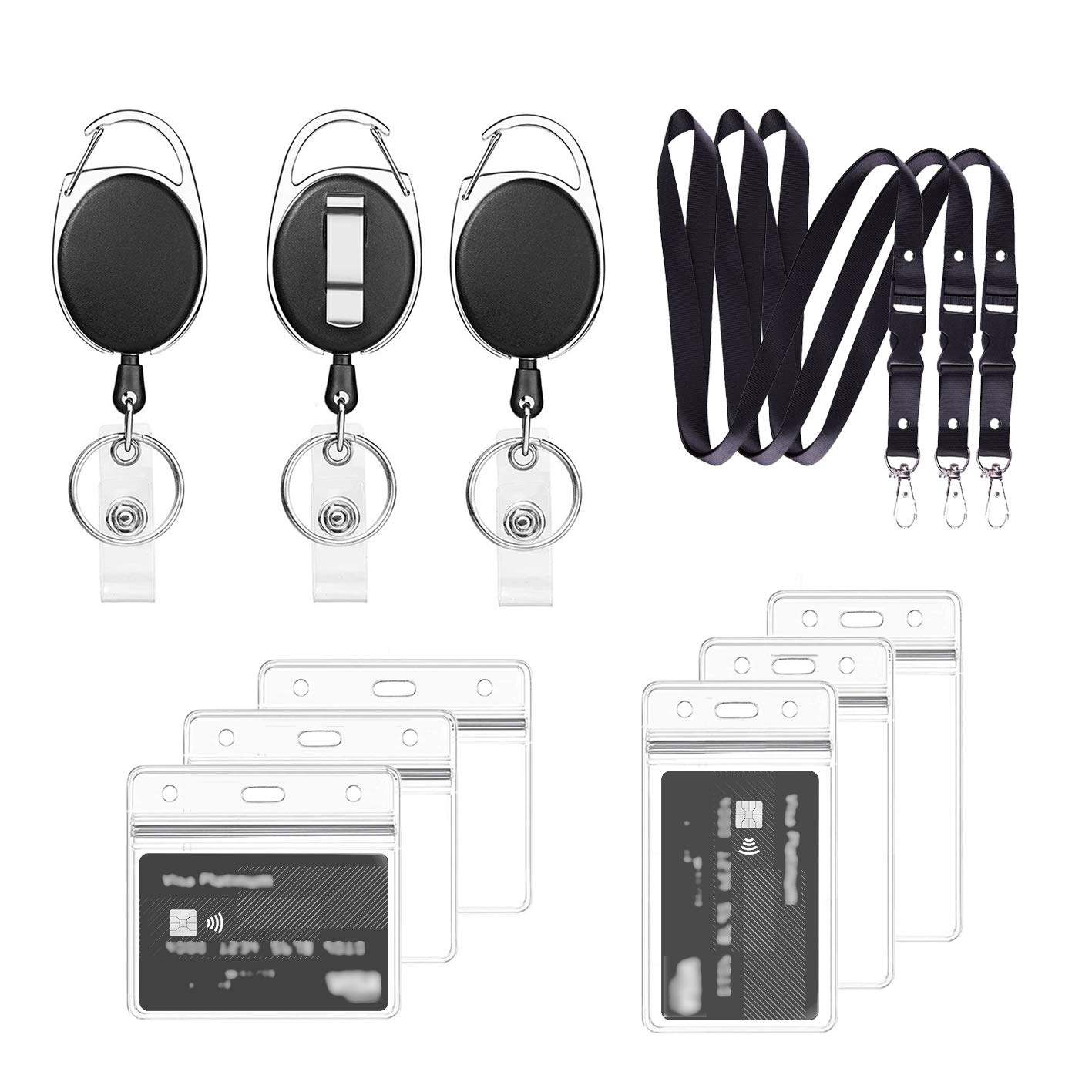 Retractable Lanyard Set - 3 Pieces Including Reel Clip and Clear Waterproof ID Badge Holder for Card and Key Holder Keyring (Black B03)