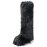 IXU Women's Faux Fur Boot Furry Fluffy Round Toe Suede Winter Comfy Plush Warm Short Outdoor Indoor Flat Shoes Knee-High Boots