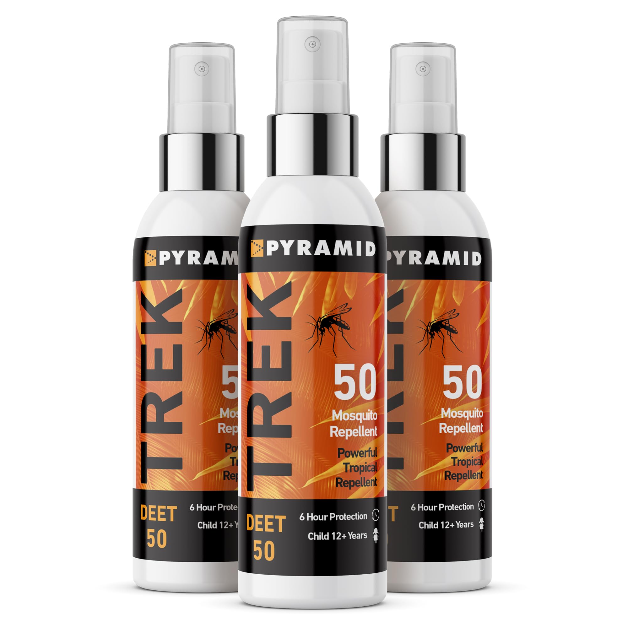 Pyramid Trek 50 Insect Repellent, 50% DEET Max Strength Mosquito Repellent, Up To 6hrs protection. Unscented, Fast-Drying Spray For Travel, Trekking, Camping, Festivals. Suitable for Age 12+ (3x100ml)