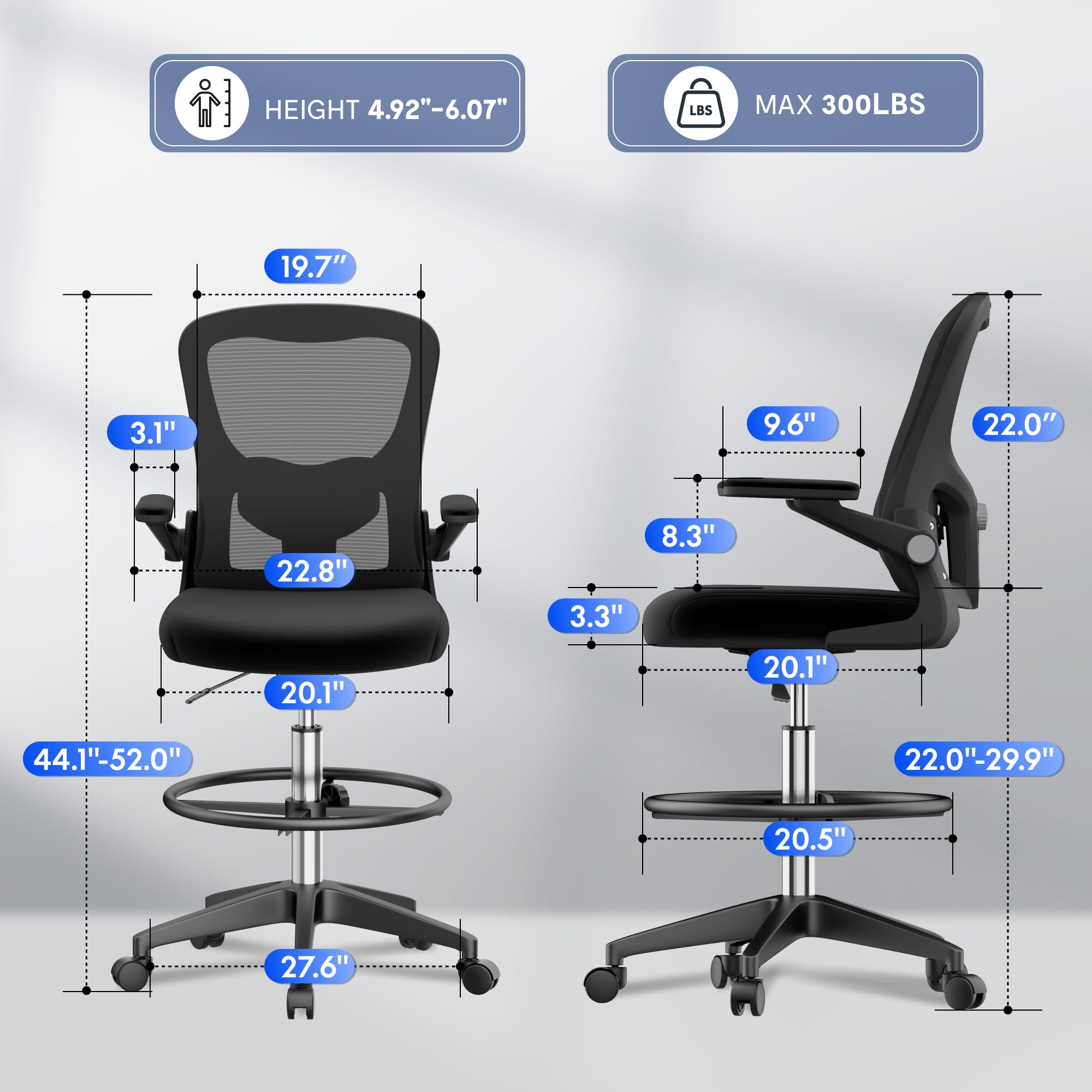 FLEXISPOT Big and Tall Mesh Office Drafting Chair, Comfortable Computer Chairs with Adjustable Lumbar Support and 3D Flip-Up Armrests, Standing Desk Chairs for Drawing Work(Black), TC1-NEW