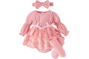 Baby girl rompers dress infant fall outfit clothes tulle puff long sleeve jumpsuit+bow headband+stocking 3pcs