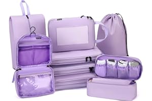 Dec-Mec Compression Packing Cubes for Travel, 8 Set Packing Cubes with Toiletry Bag for Travel Accessories Luggage Suitcase Organizers Bag, Travel Essentials or Women/Men (Purple,8pc)