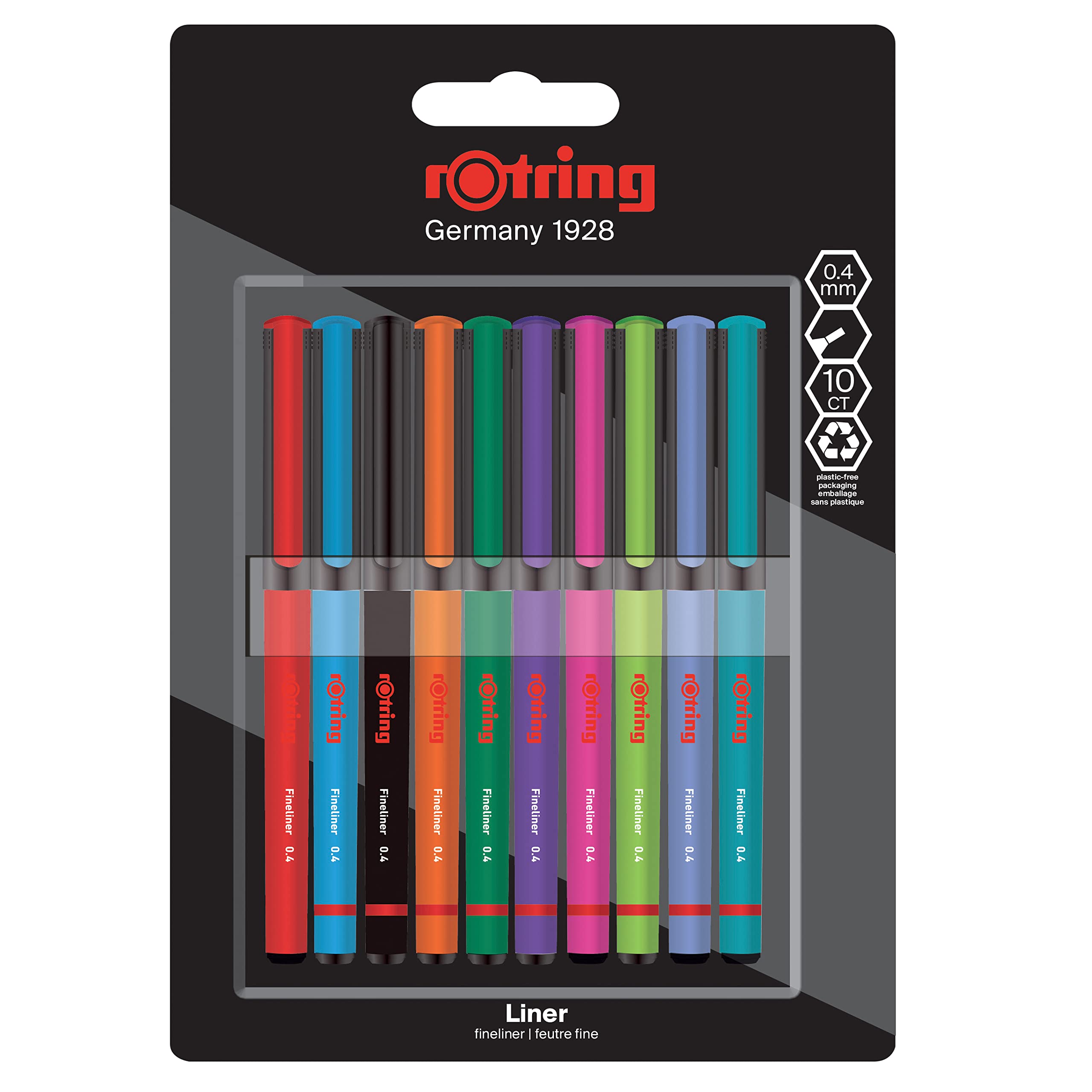 rOtring Liner Fineliner Pens | 0.4 mm | Colouring Pens for Writing & Drawing | Plastic-Free Packaging | Assorted Colours | 10 Count