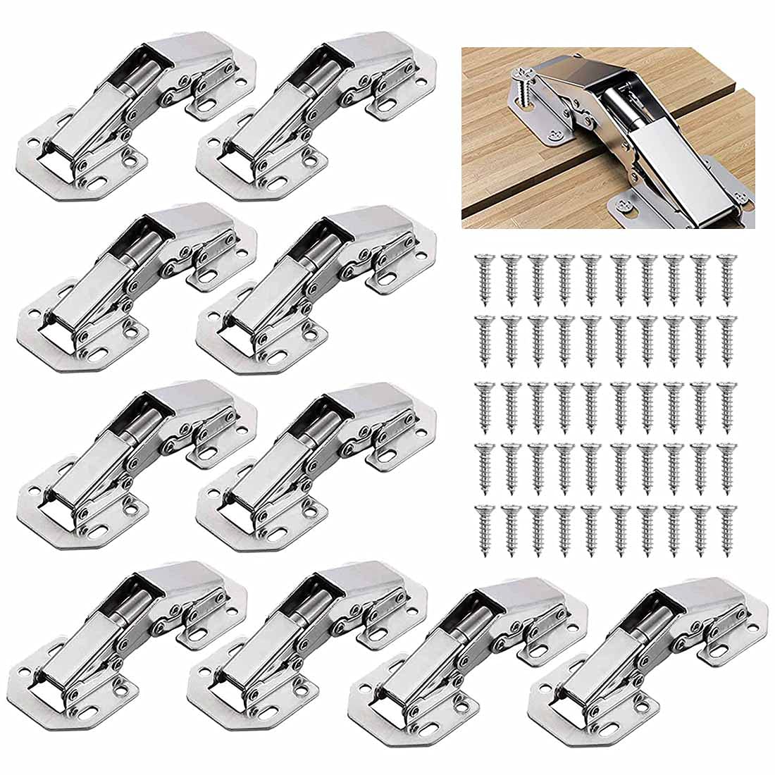 Jesdavan Modern Steel Nickel-Finish Cabinet Door Hinges, 10-Pack, 90-Degree, Soft Close
