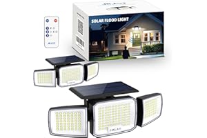 JEJOT Solar Security Light Outdoor Super Bright LED w/Remote Control, Radar Motion Sensor Flood Light, 3 Heads 270° Wide Angle, IP65 Waterproof, 3 Modes (2 Packs)