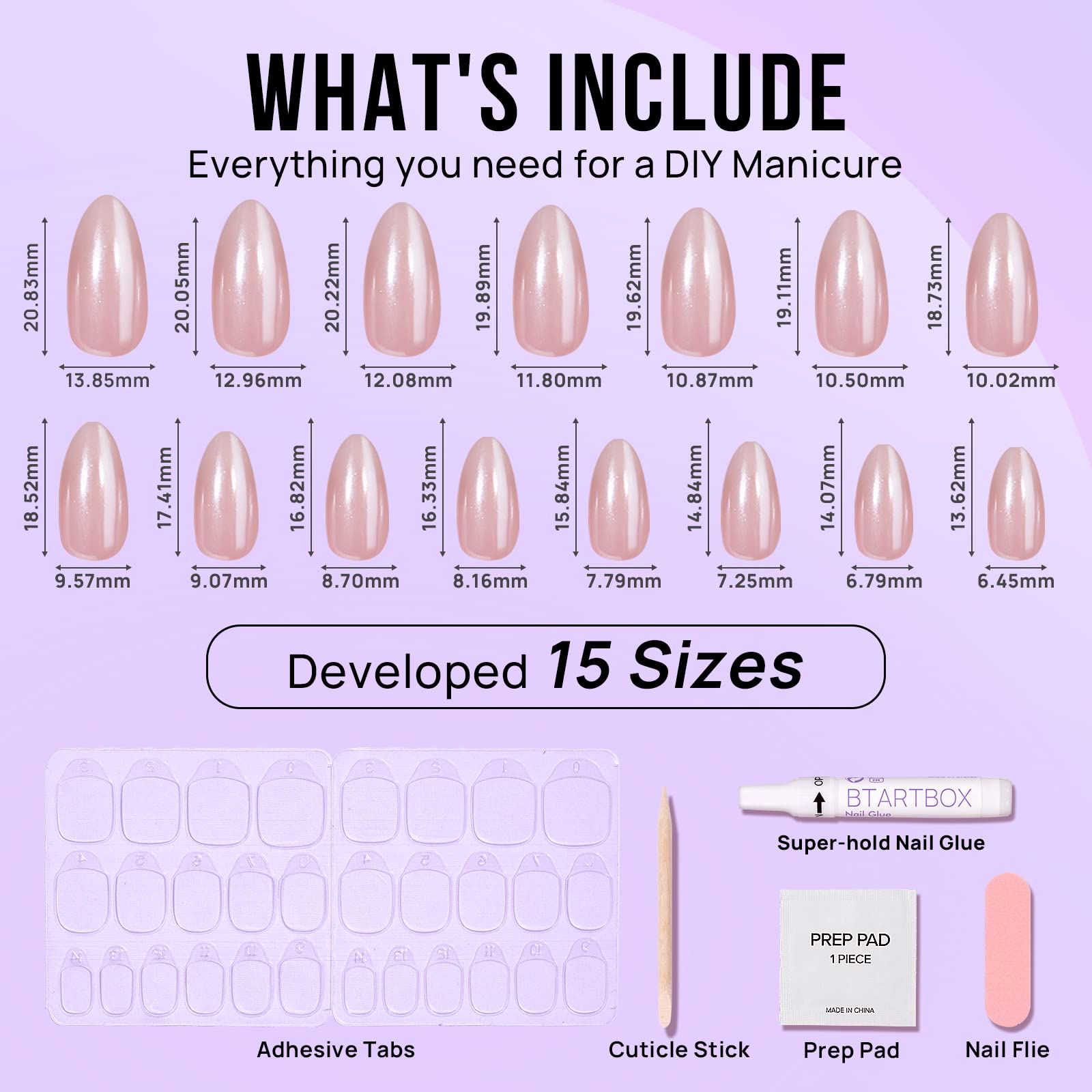 BTArtbox Press On Nails Almond - Short Nude Natural Nails Press Ons, Glue On Nails for Wedding Birthday Gift, Supremely Fit & Glossy Stick On Nails in 15 Sizes - 30 Nail Kit, Nudies - Image 5