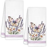FWSFD Purple Butterfly Floral Kitchen Towels, Farmhouse Botanical Decorative Hand Towels for Bathroom, Rustic Cottagecore Butterfly Flower Dish Towel, 16x24 Inches Set of 2
