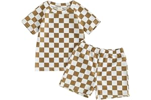 DEWADBOW Toddler Boy Two Piece Swimsuit Checkered Short Sleeve top Trunk Rashguard Swimwear Boy Sun Protection Beach Clothing