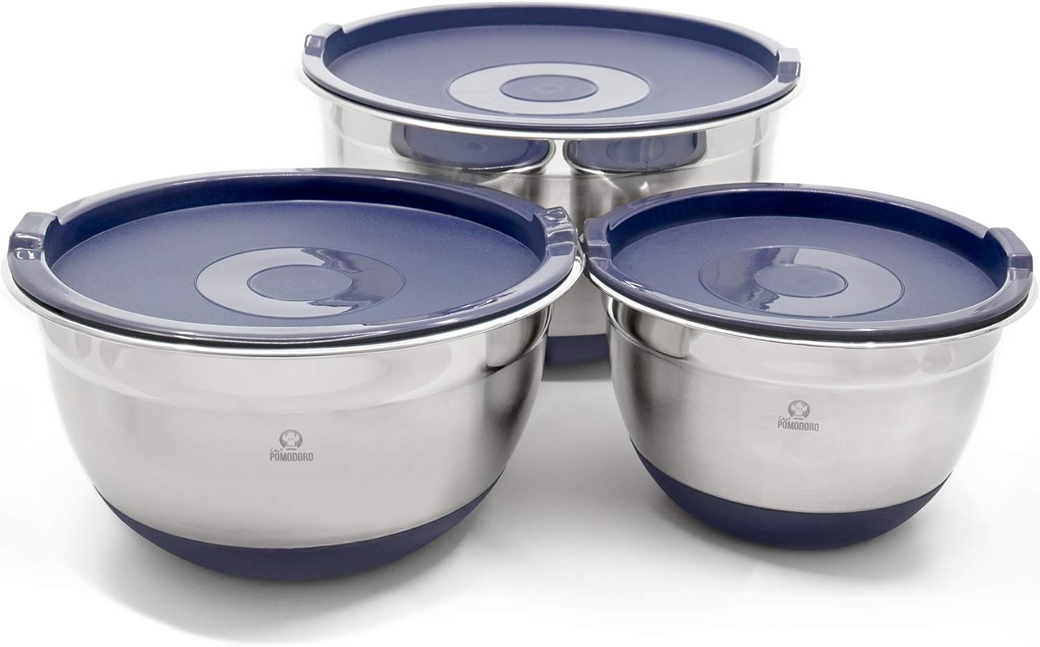 Chef Pomodoro Stainless Steel Mixing Bowls with Lids, Navy Blue, NonSlip Silicone