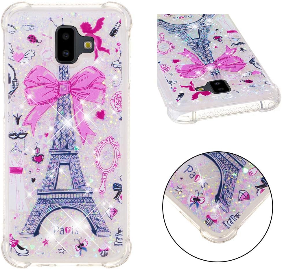 for Samsung Galaxy J6 Plus 2018 Case Glitter Liquid and Screen Protector,Sparkle Floating Quicksand Clear Slim Fit Protective Case,QFFUN Soft Thin Transparent Silicone Anti-Scratch Back Cover - Tower