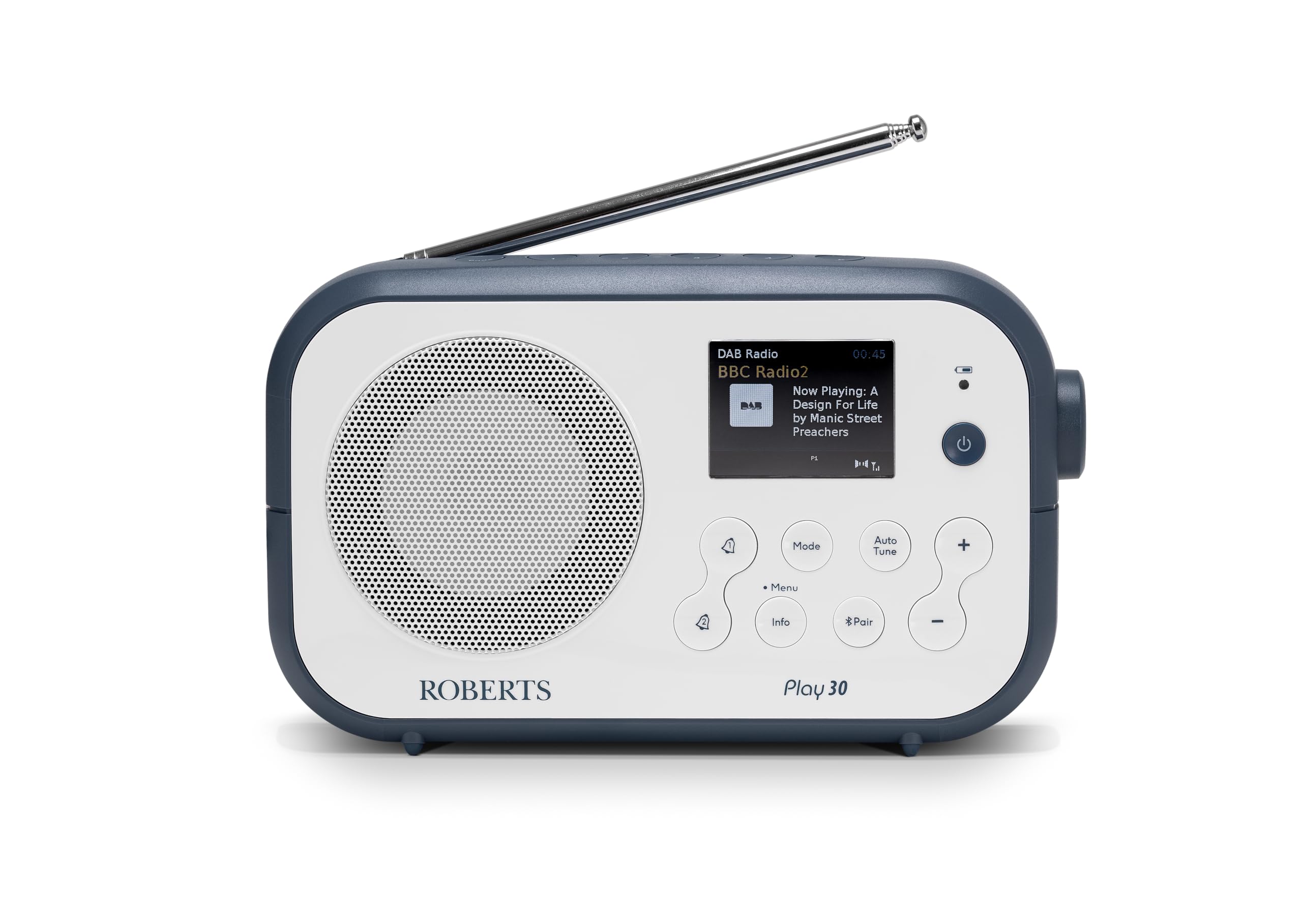 Roberts PLAY30 FM/DAB/DAB+ Digital Portable Radio, Rubber-Protected, Full Colour Screen, White