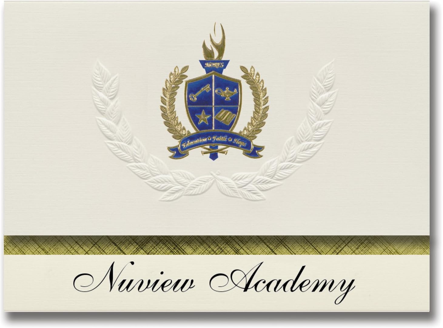 Signature Announcements Nuview Academy (Piscataway, NJ) Graduation Announcements, Pack of 25, Gold & Blue Metallic Foil Seal, 6.25" x 11.44", Cream (PAC_BASICPres_HS25_119646_206044)