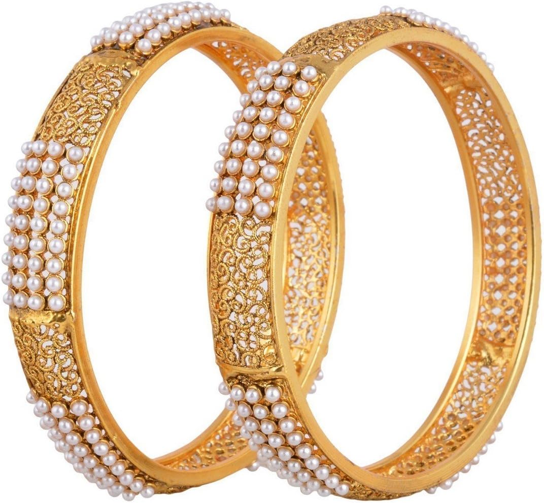 Jewels Galaxy Limited Edition Delicate Pearl Design Handcrafted Gold Plated Bangle Set for Women/Girls - Set of 2