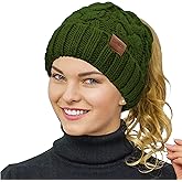 Rosoz Ponytail Beanie for Women,Winter Warm Beanie Tail Soft Stretch Cable Knit Messy High Bun Hat