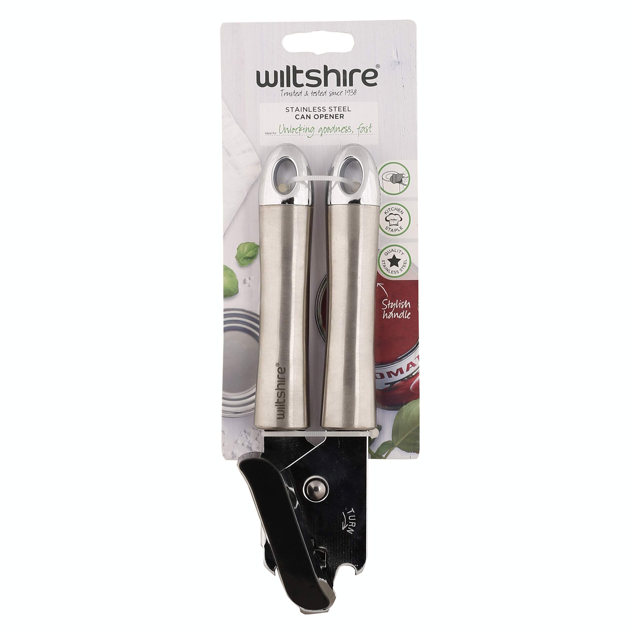 Wiltshire Can Opener, Industrial, Stainless Steel, Manual Tin Opener, with Built-in Bottle Opener, Kitchen Utensil, 9x27x5cm, Silver