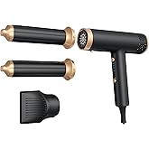 Hair Dryer 3 in 1 Hot Air Styler, 2000 W Ionic Blow Dryer, Lightweight Compact Hairdryer for Travel, Long Barrel Airflow Auto Wrap Curler for Quick Styling, Fast Drying, Coolshot (Black)