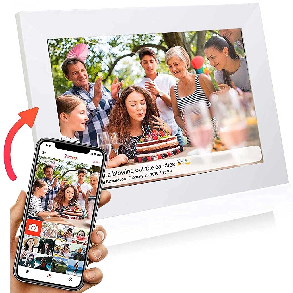 Grouptronics Gallery10 Easy To Use Wi-Fi Digital Photo Frame – 10 Inch, Send Photo or Video Via Free Phone App - Touch Screen, Auto Sleep & Rotate, Landscape or Portrait, 16GB - White