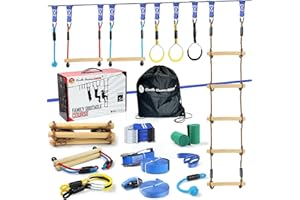 GENTLE BOOMS SPORTS 2×56ft Ninja Warrior Obstacle Course for Kids - 600 lbs Weight Capacity, Slackline Obstacle Course with 8 Ninja Accessories - Monkey Bar, Rope Ladder, Gymnastic Ring, Arm Trainer and Monkey Fist
