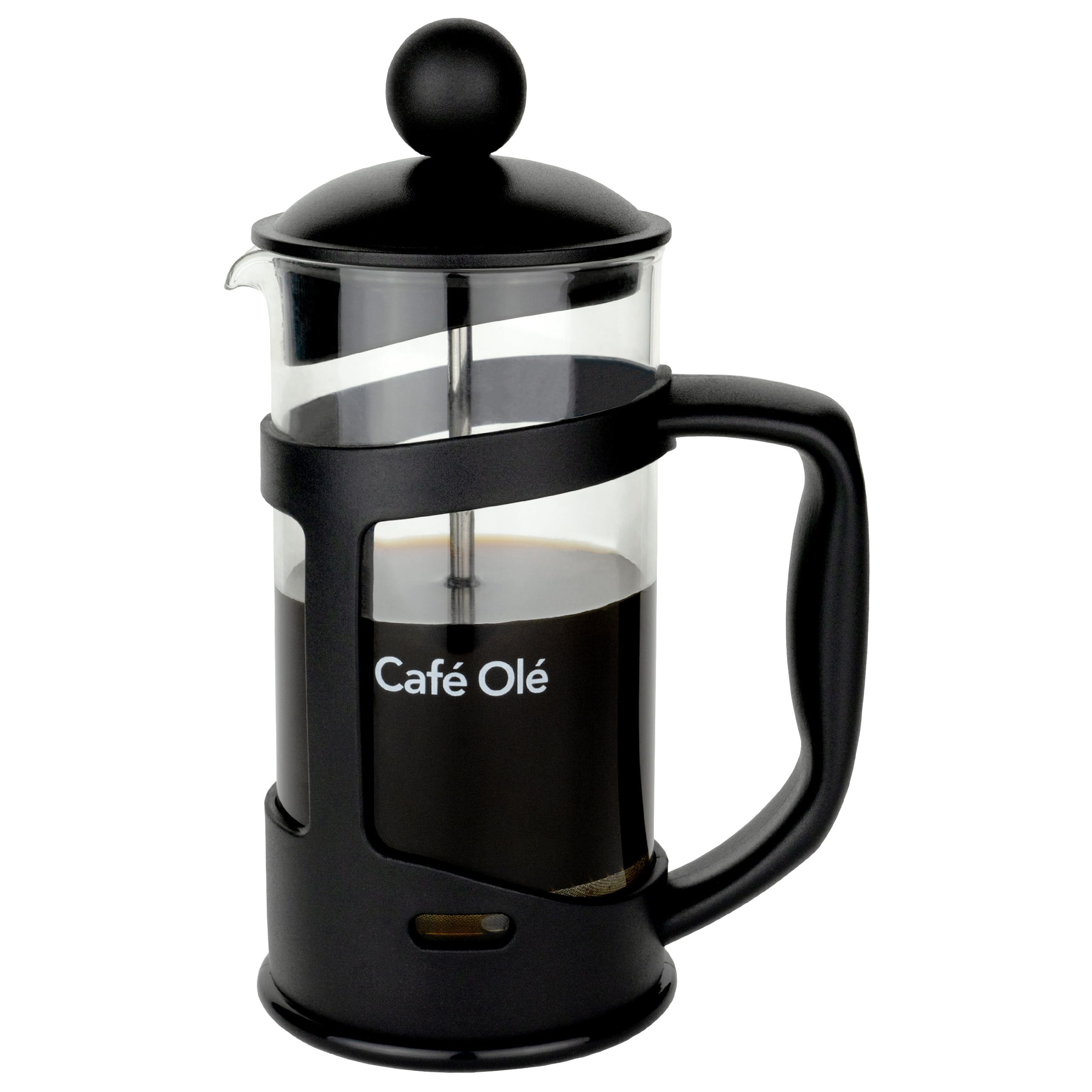 Café Olé Everyday Cafetière, French Press coffee maker, stainless steel mesh filter, glass body with robust plastic frame, Black, 350ml (3 cups, 1 mug)