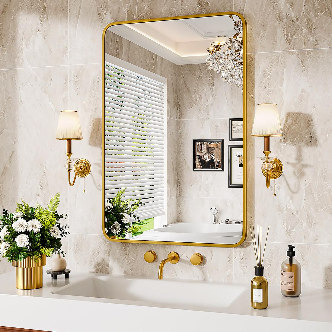 Photo 1 of Gold Metal Framed Bathroom Mirror for Wall, 30X22 Inch Rounded Rectangle Mirror, Matte Black Bathroom Vanity Mirror Farmhouse, Anti-Rust, Hangs Horizontally or Vertically