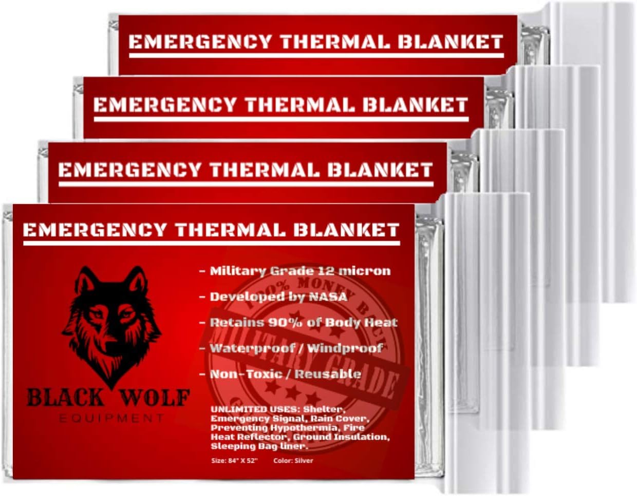 Black Wolf Emergency Mylar Thermal Blankets (5 Pack) Perfect for Extreme Cold, Camping, Hiking, Survival Gear, Rescue Foil, Sleeping Bags or First Aid kit.